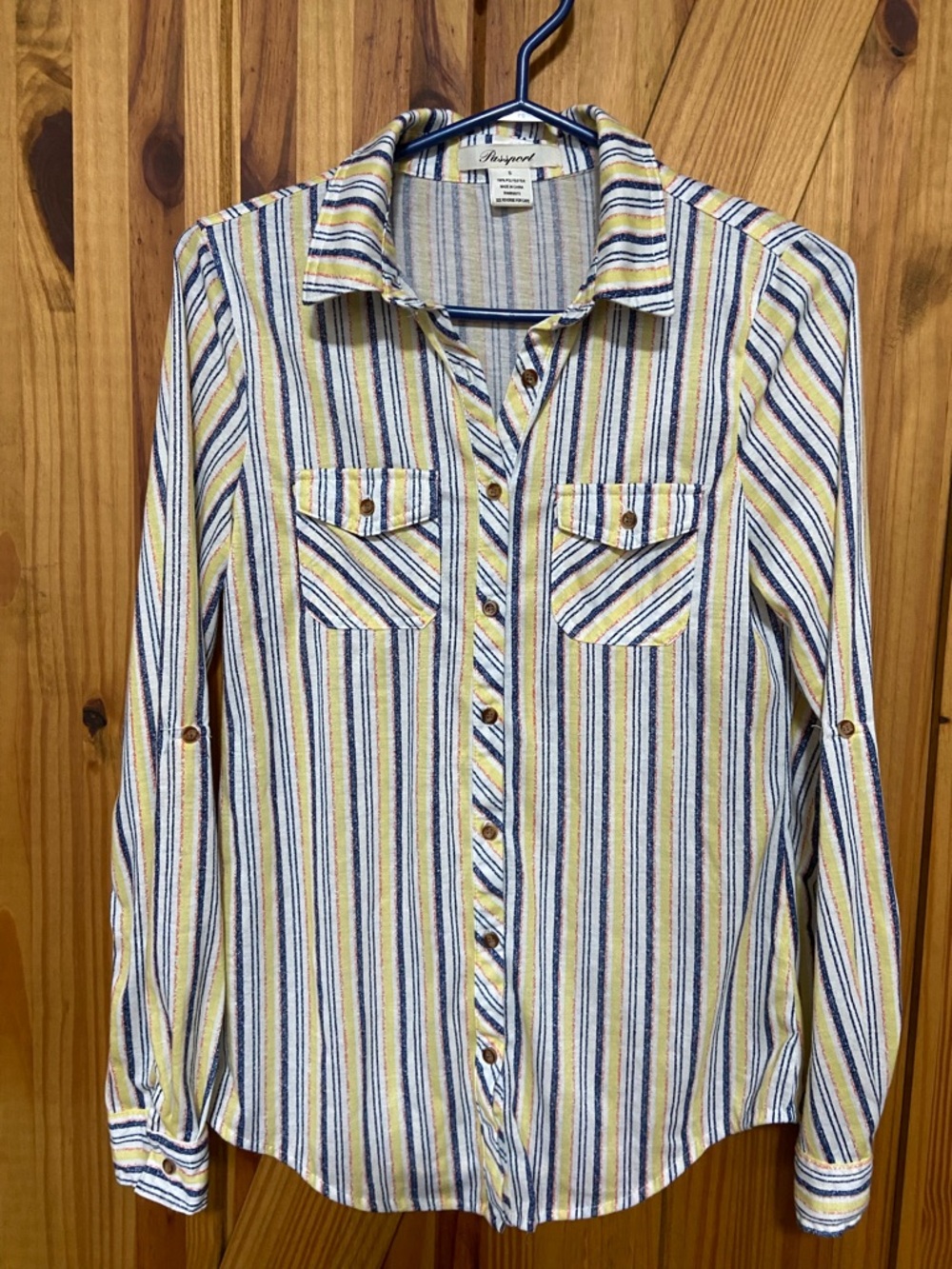 Passport Striped Shirt in Yellow, Navy, red and white 3/4 roll up sleeves